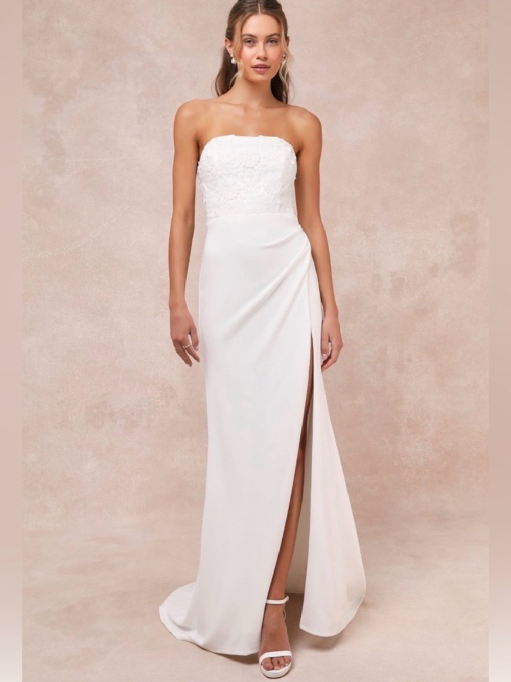 Lulus Refined Glow White 3D Embroidered Sequin Strapless Maxi Wedding Dress M